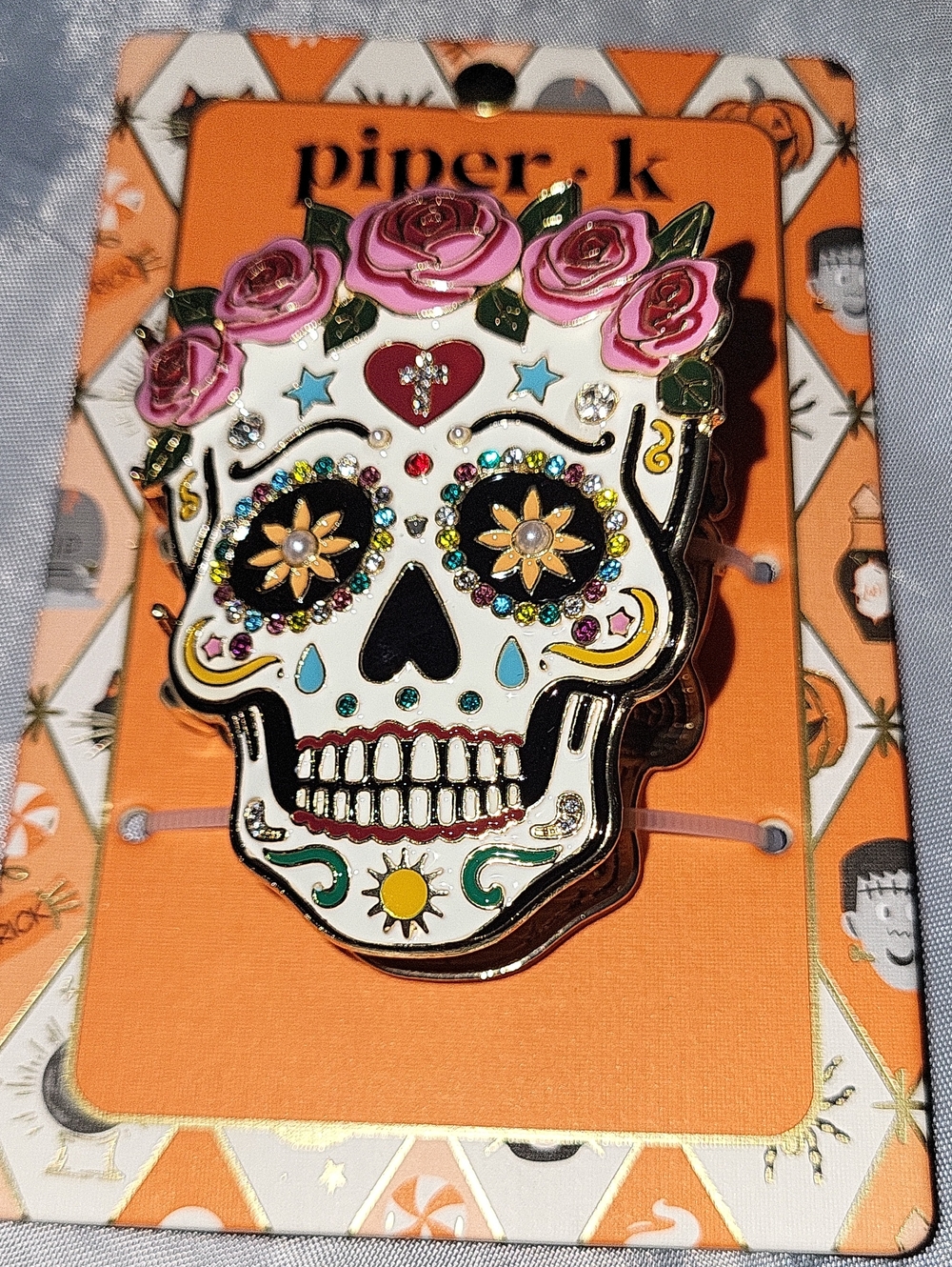 Piper K Floral Sugar Skull Enamel HAIRCLIP White with Pink Roses LI